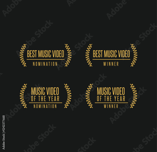 Best music video of the year award - winner and nomination icon pack. Laurel isolated vector golden logo set for festival, awards, contest