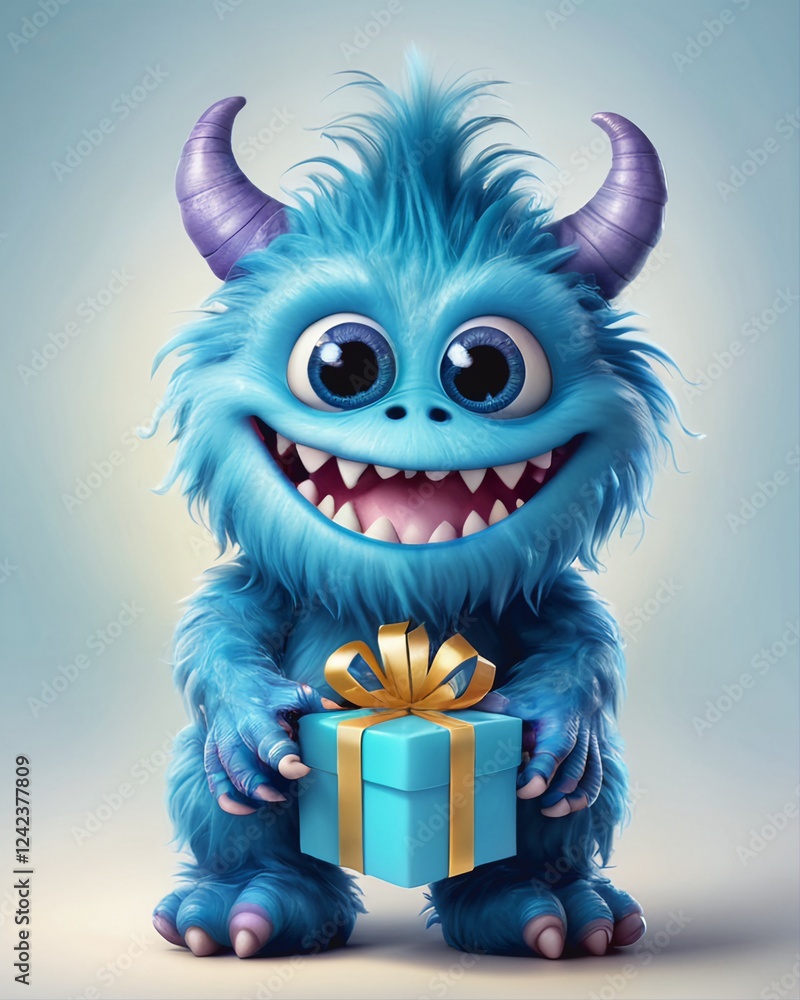 Little blue monster with a big smile and a small gift in his hands, digital art, 3d animation, character illustration, celebration design. Little blue monster with a big smile and a small gift in his hands, digital art, 3d animation, character illustration, celebration design.