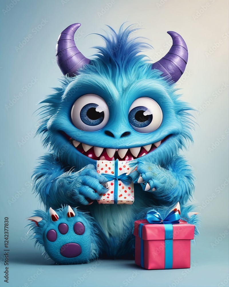 Little blue monster with a big smile and a small gift in his hands, digital art, 3d animation, character illustration, celebration design. Little blue monster with a big smile and a small gift in his hands, digital art, 3d animation, character illustration, celebration design.