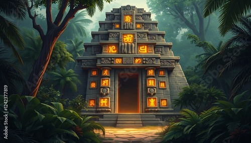 Mayan Temple Entrance with Glowing Golden Glyphs – A hidden entrance to an ancient Mayan temple, its golden glyphs glowing amidst the overgrown jungle