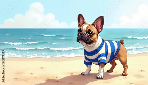 French Bulldog in Striped Beach Outfit at Seaside photo