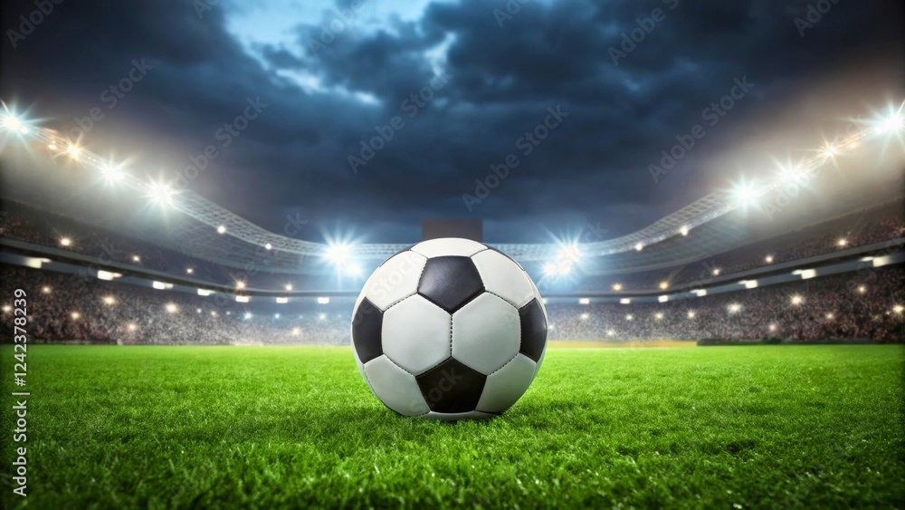 Fototapeta premium Professional Soccer Ball on Grass Field Under Dramatic Sky and Stadium Lights at Night