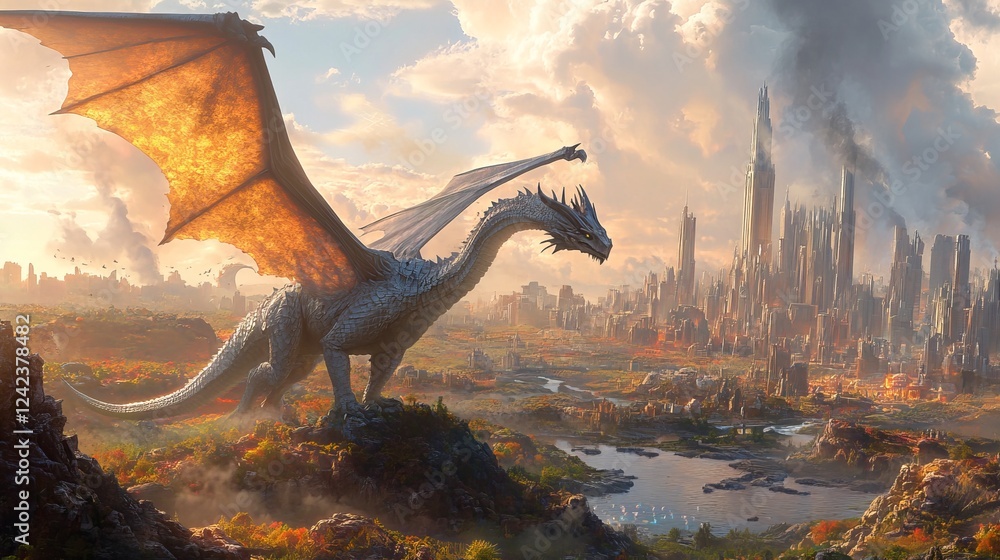 Fototapeta premium Majestic Dragon Soaring Above a Vibrant Cityscape Bathed in Soft Cloudy Sky at Dusk Capturing a Sense of Wonder Adventure and Imagination in a Fantastical Urban Landscape