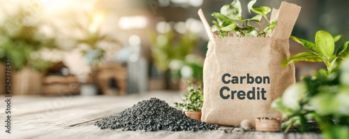 A bag of carbon credit is on a table next to some plants