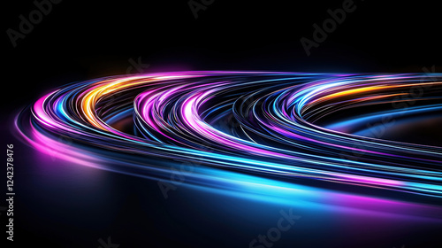 Dynamic series of colorful light streaks in neon red, blue, and green, fading into a dark gradient background, evoking the rapid passage of time and energetic movement
