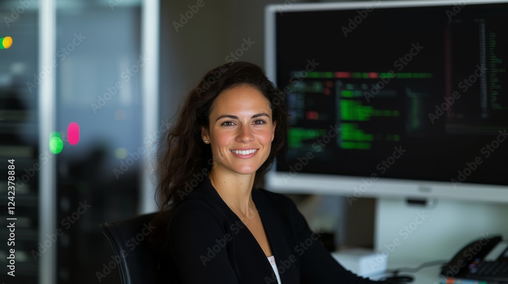 Fototapeta premium a woman working as an IT support representative. She is seated at a modern desk with a sleek computer setup 