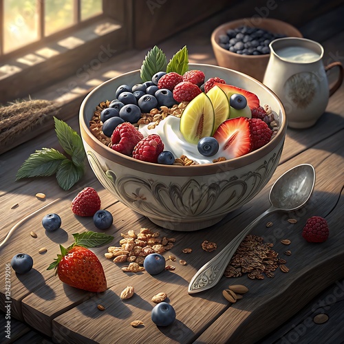 fruit salad in a bowl A beautifully arranged healthy breakfast bowl with fresh fruits, granola, and yogurt photo