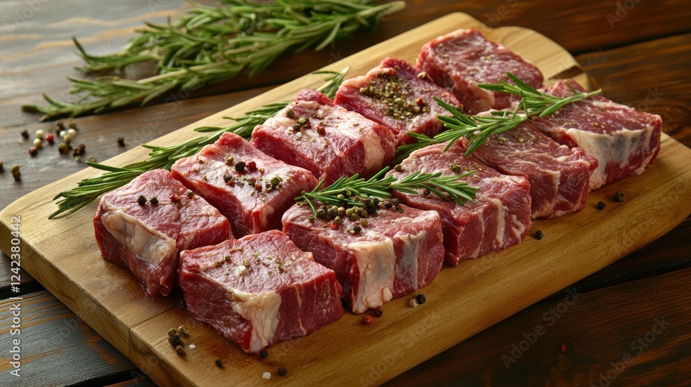 Raw beef cubes seasoned with peppercorns and rosemary sprigs on a wooden cutting board. Raw beef cubes seasoned with peppercorns and rosemary sprigs on a wooden cutting board.