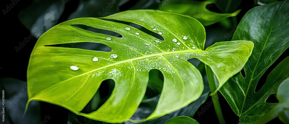 Fototapeta premium Lush Green Monstera Leaf with Dew Drops Close up Photography