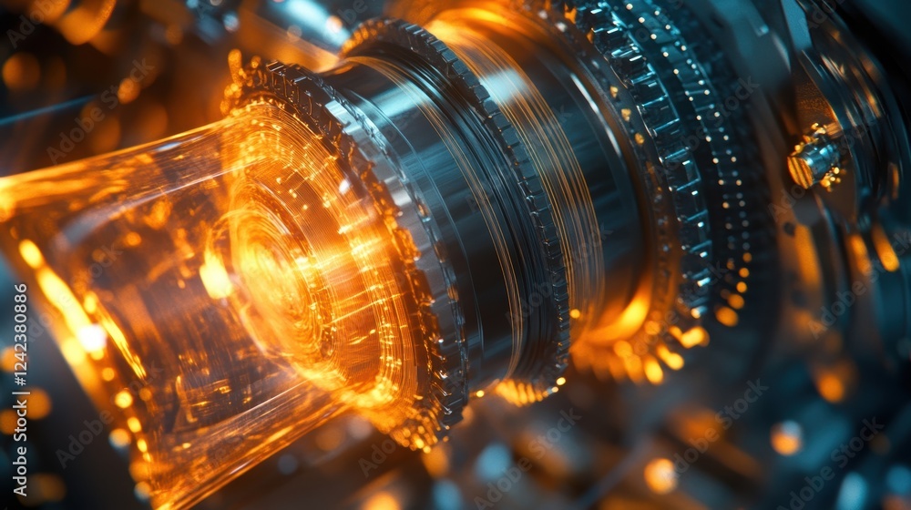 Complex machinery with intricate gears and metallic components generates a vibrant orange energy beam, showcasing advanced technology and innovative manufacturing processes in a futuristic setting Complex machinery with intricate gears and metallic components generates a vibrant orange energy beam, showcasing advanced technology and innovative manufacturing processes in a futuristic setting
