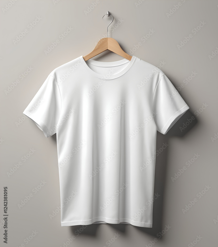 A photorealistic 3D mockup of a plain white T-shirt, displayed from the front. The T-shirt has a smooth, fabric-like texture with natural creases and shadows. A photorealistic 3D mockup of a plain white T-shirt, displayed from the front. The T-shirt has a smooth, fabric-like texture with natural creases and shadows.