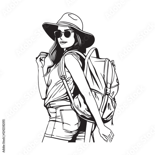 Girl traveling with Backpack image vector isolated on white background.