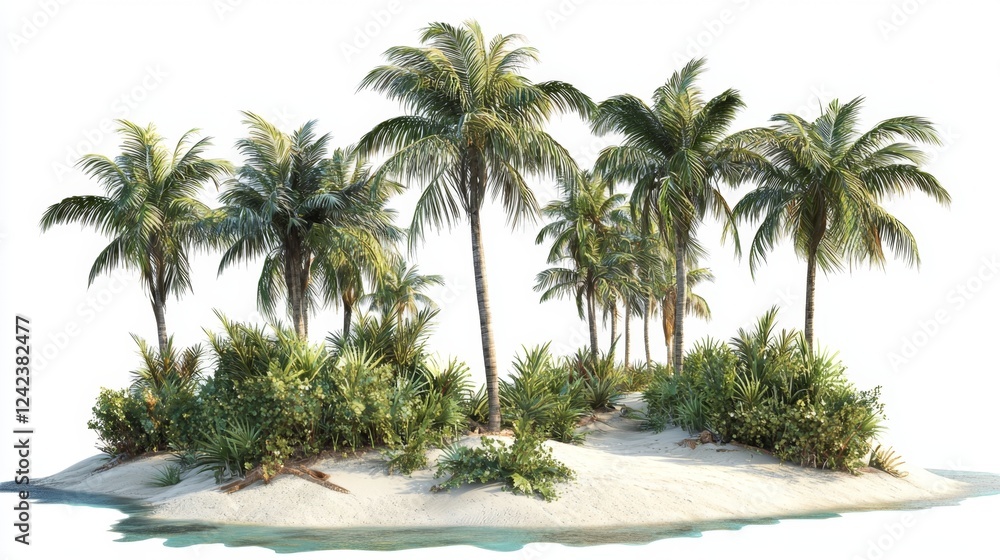Fototapeta premium Lush Tropical Island Oasis with Palm Trees and Vibrant Foliage on Sandy Shoreline under Bright Sky