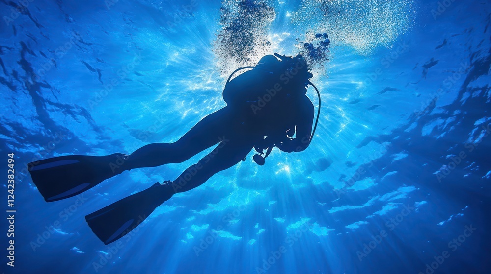 custom made wallpaper toronto digitalUnderwater scuba diver silhouetted against sunbeams.