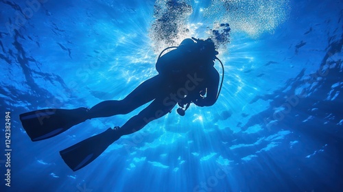 Underwater scuba diver silhouetted against sunbeams. photo