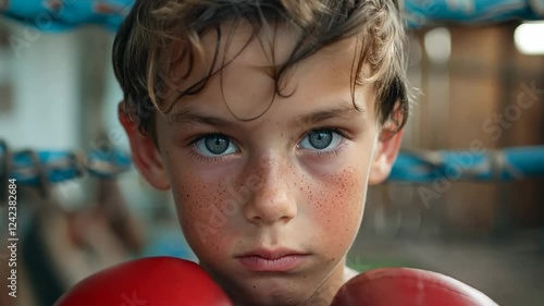 A young boy in boxing gloves and gear, symbolizing determination, discipline, and the spirit of youthful ambition in sports.