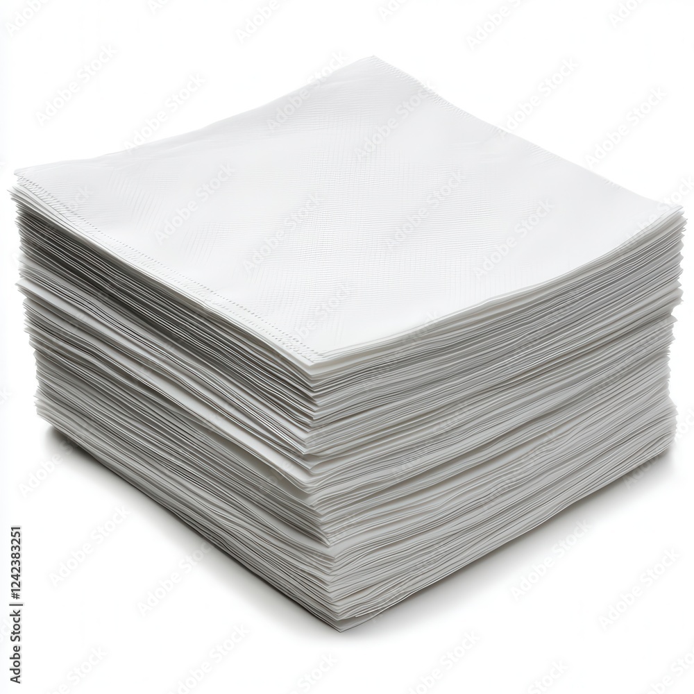 Neatly Stacked White Paper Napkins on White Background, Generative AI. Neatly Stacked White Paper Napkins on White Background, Generative AI.