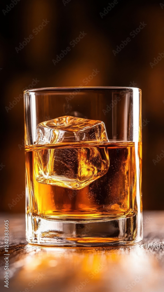 simple glass of whiskey with single ice cube, creating warm ambiance simple glass of whiskey with single ice cube, creating warm ambiance
