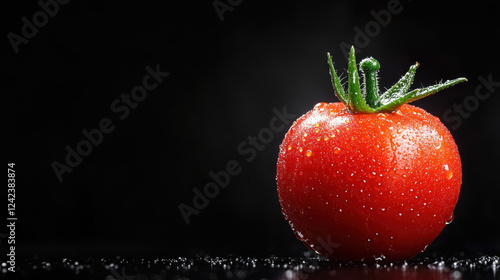 Fresh red tomato with water droplets on dark background, vibrant and juicy
