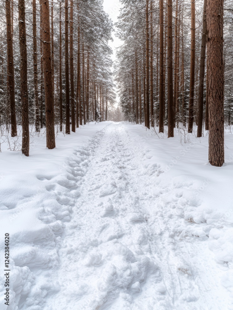 Snowy path through a pine forest in winter Snowy path through a pine forest in winter