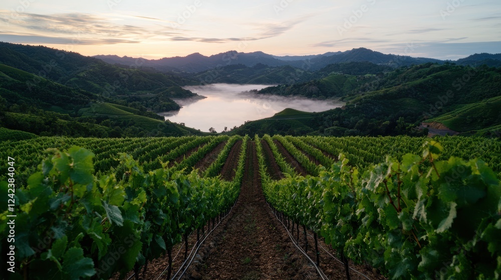 Fototapeta premium Vineyard rows at sunrise over a misty lake