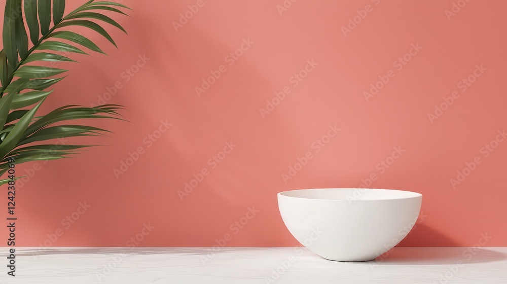 A minimalistic scene featuring a white bowl on a surface next to a green leaf against a coral wall background. A minimalistic scene featuring a white bowl on a surface next to a green leaf against a coral wall background.
