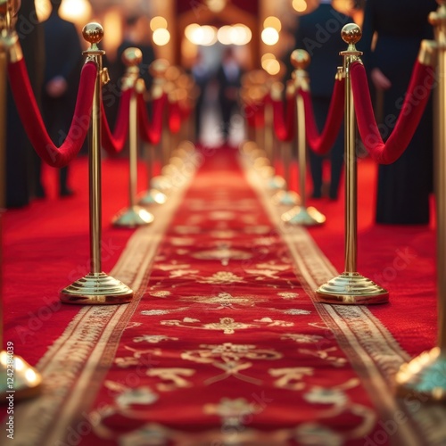 Red carpet with gold posts and a red background photo