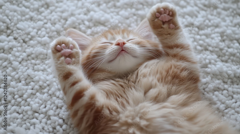 Cute orange kitten sleeping on soft carpet with paws raised in the air. Cute orange kitten sleeping on soft carpet with paws raised in the air.