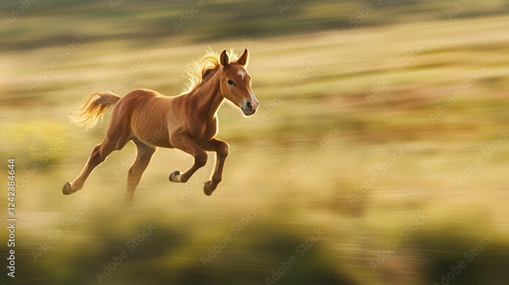 A galloping horse in a grassy field under soft lighting. A galloping horse in a grassy field under soft lighting.