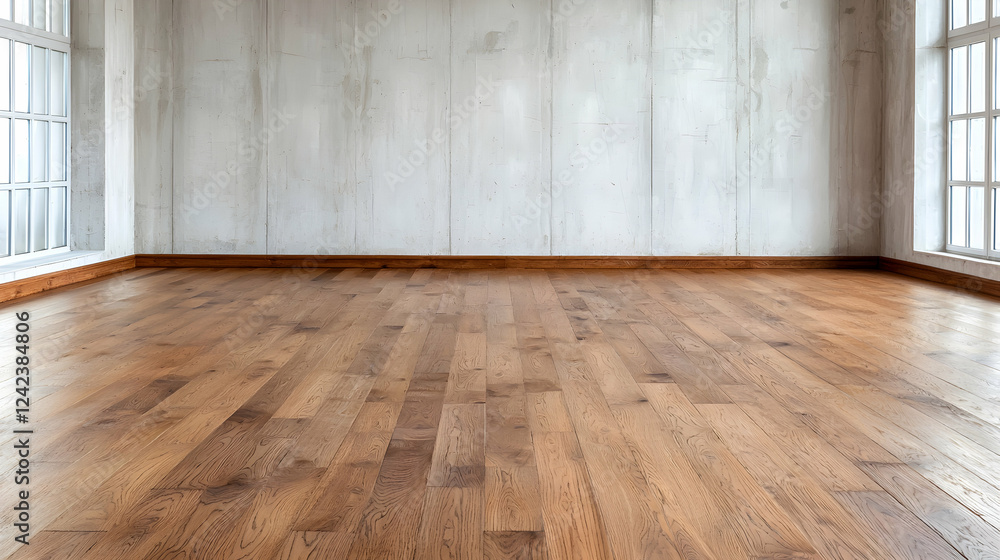 Empty room with hardwood floor, concrete wall, large windows, natural light Empty room with hardwood floor, concrete wall, large windows, natural light