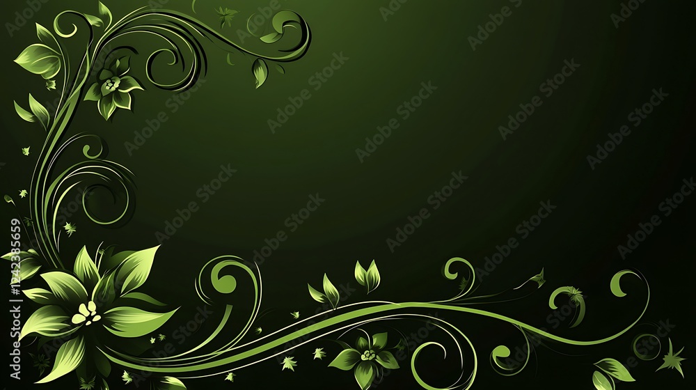 Green floral corner design, dark background, invitation Green floral corner design, dark background, invitation