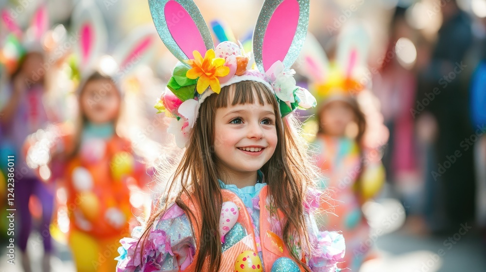 Fototapeta premium Children wearing fun and colorful bunny costumes and Easter-themed outfits take part in a lively Easter parade. Their baskets are filled with Easter eggs as they walk through the streets