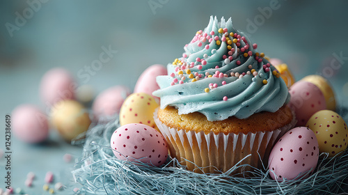 A delicious light blue frosted cupcake with pastel sprinkles sits in a nest of pastel Easter eggs.