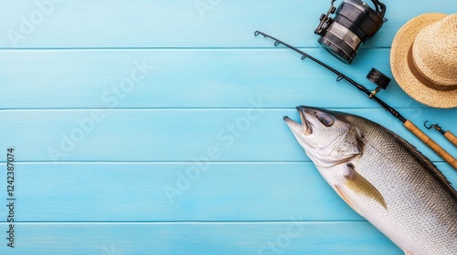 Freshly Caught Fish with Fishing Gear on a Blue Wooden Surface, Ideal for Outdoor and Leisure Themes photo