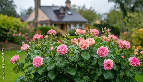 Wallpaper Mural Pink roses dripping with rainwater, blooming amid lush garden greenery, charming residential structure softly blending into verdant landscape background Torontodigital.ca