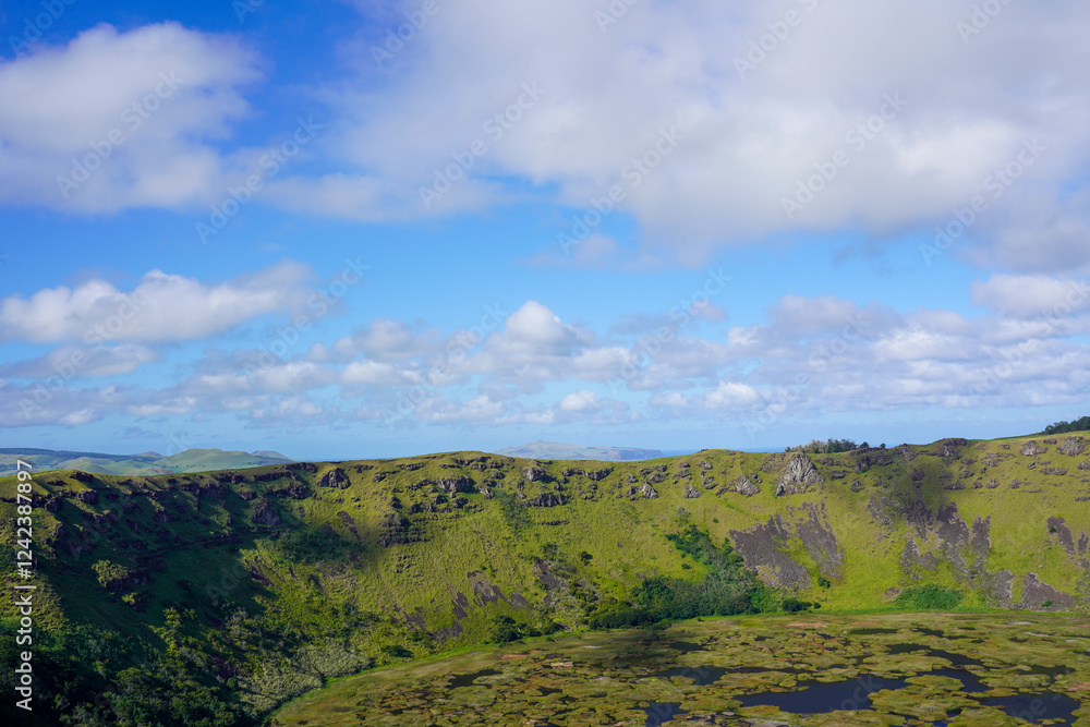 Fototapeta premium Rano Kau Volcano Crater Lake, Rapa Nui National Park, Easter Island, Chile