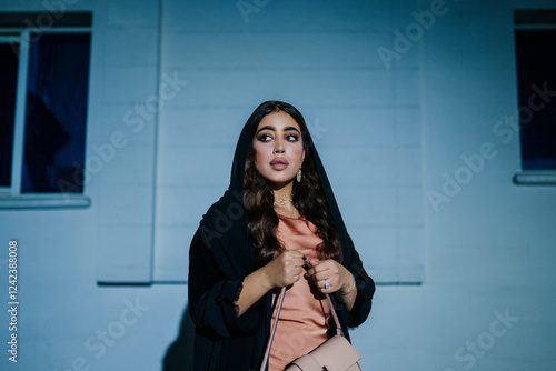 Elegant muslim woman wearing abaya and holding purse at night photo