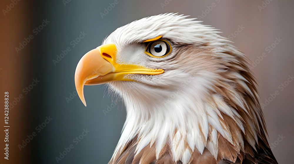 Fototapeta premium Bald eagle portrait, sharp focus, blurred background, wildlife photography, nature imagery