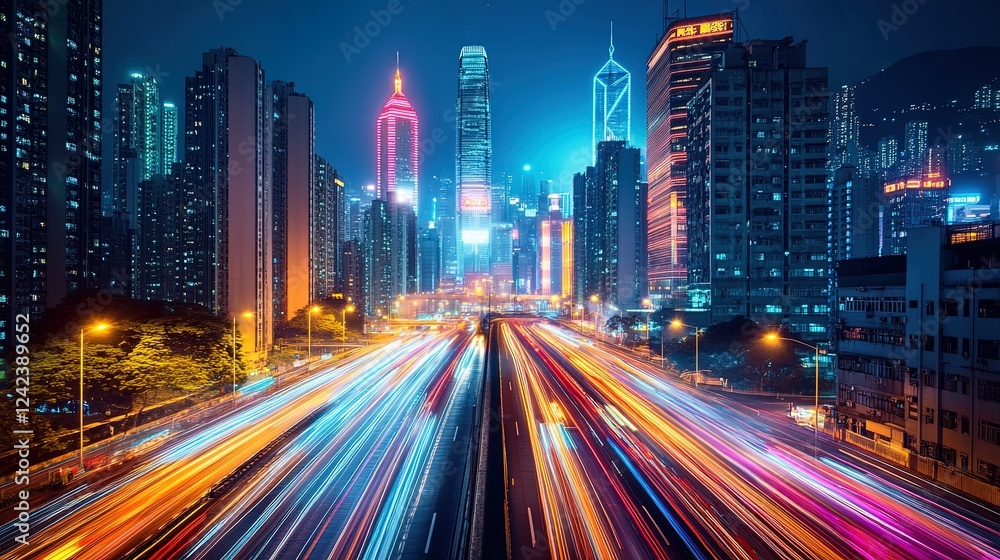 Fototapeta premium An abstract cityscape with neon skyscrapers and glowing light trails under a dark sky