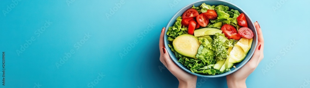 Fresh and Healthy Salad with Vegetables and Fruits in a Bowl Held by Hands over a Blue Background, Perfect for Healthy Eating and Nutrition Themes Fresh and Healthy Salad with Vegetables and Fruits in a Bowl Held by Hands over a Blue Background, Perfect for Healthy Eating and Nutrition Themes