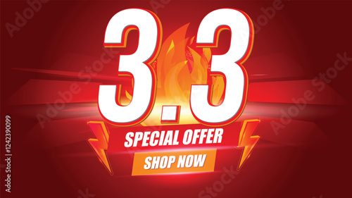 3.3 Sale banner March shopping day promotion template on red background.Special offer shop now for post social media, website, campaign.Vector illustration.