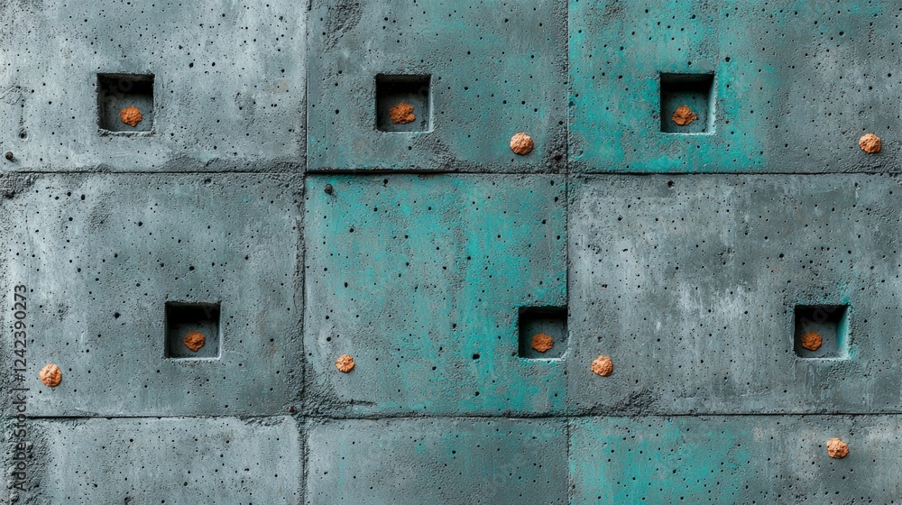 Textured Concrete Wall Background Green Gray Square Holes Copy Space Textured Concrete Wall Background Green Gray Square Holes Copy Space