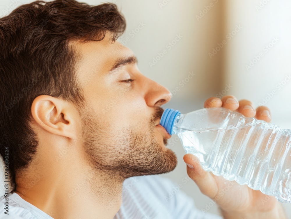 Young man enjoys refreshing hydration while drinking water from a clear plastic bottle, emphasizing wellness and self-care in daily life indoors. Young man enjoys refreshing hydration while drinking water from a clear plastic bottle, emphasizing wellness and self-care in daily life indoors.