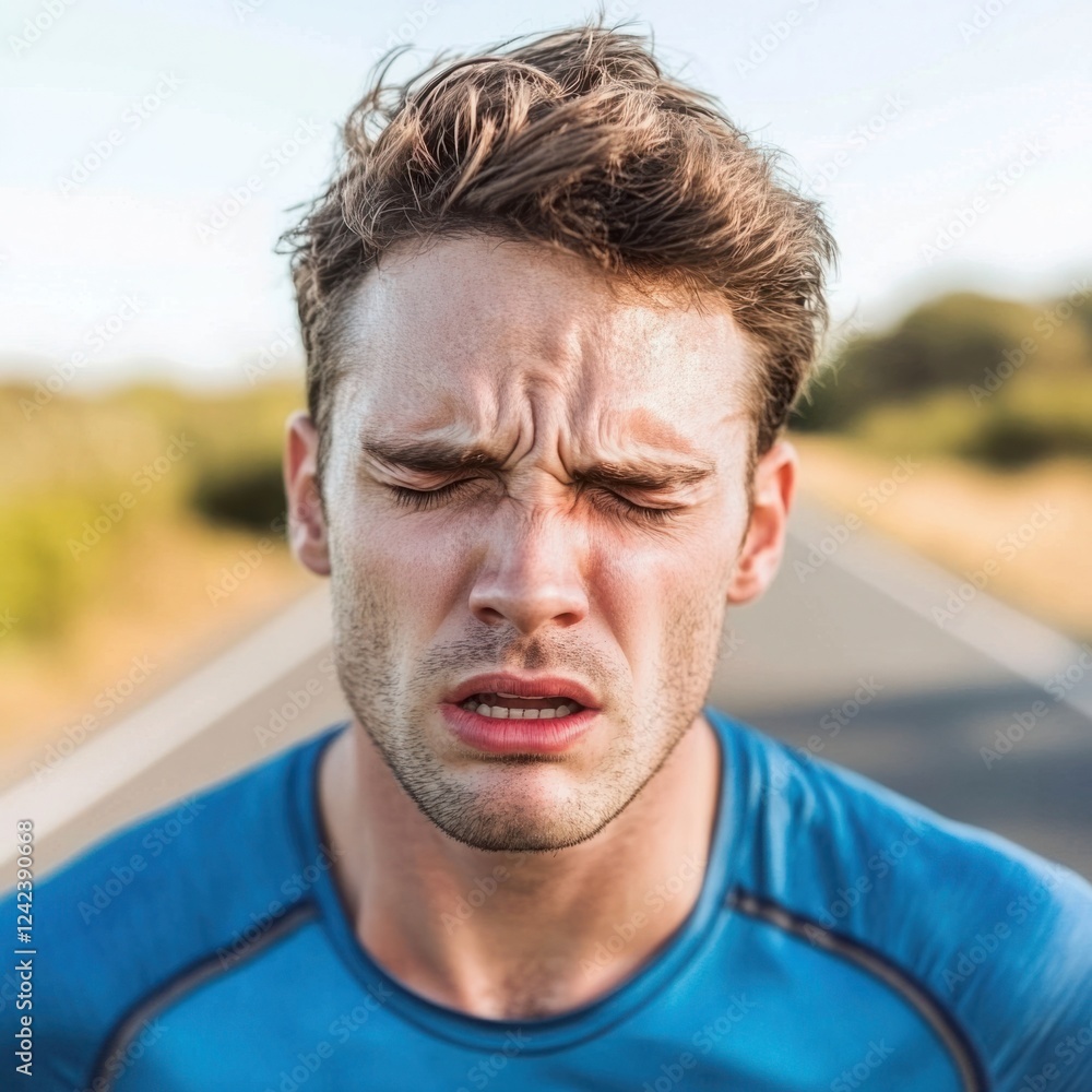 Young man experiencing discomfort and frustration while running on an empty road, showcasing determination and the challenges of physical activity Young man experiencing discomfort and frustration while running on an empty road, showcasing determination and the challenges of physical activity