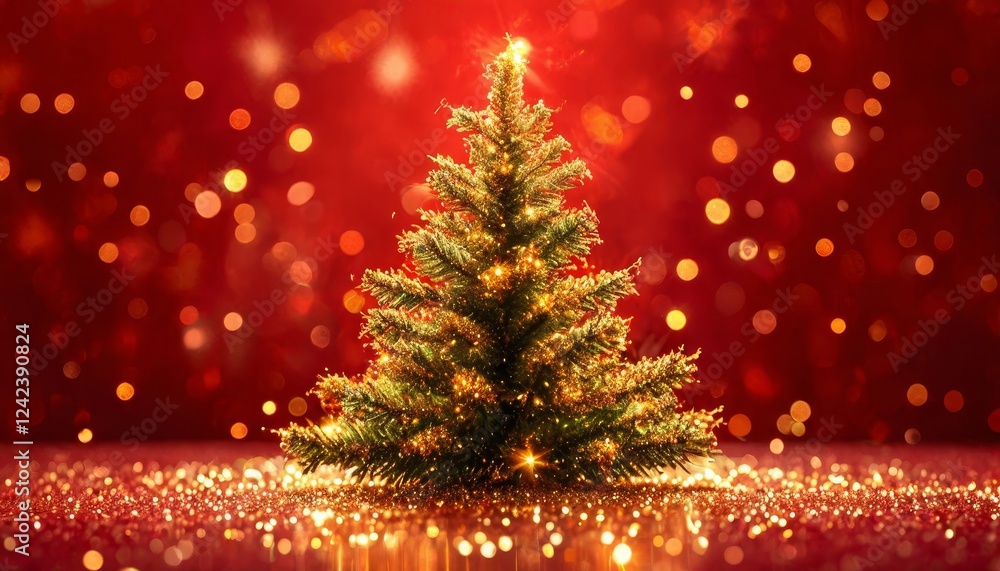 Golden lights illuminating decorated christmas tree, radiating festive warmth against shimmering red background. Soft bokeh creating magical holiday mood Golden lights illuminating decorated christmas tree, radiating festive warmth against shimmering red background. Soft bokeh creating magical holiday mood