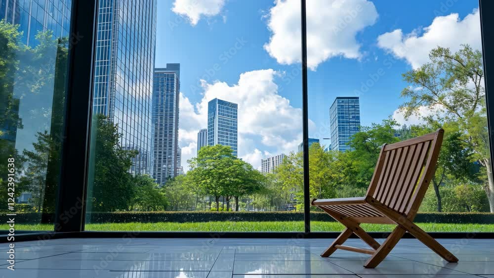 Modern Wooden Chair with Glass Accents Overlooking Vibrant Cityscape Skyline Modern Wooden Chair with Glass Accents Overlooking Vibrant Cityscape Skyline
