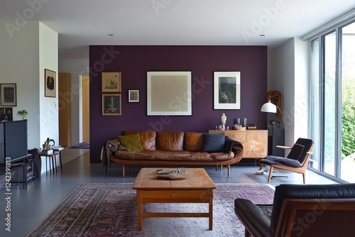 Living room, Ilse Crawford style, front view, simple wall purple