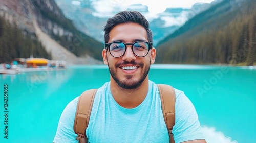 Smiling young man with glasses at a serene turquoise lake surrounded by mountains, enjoying nature and the great outdoors in a picturesque landscape photo