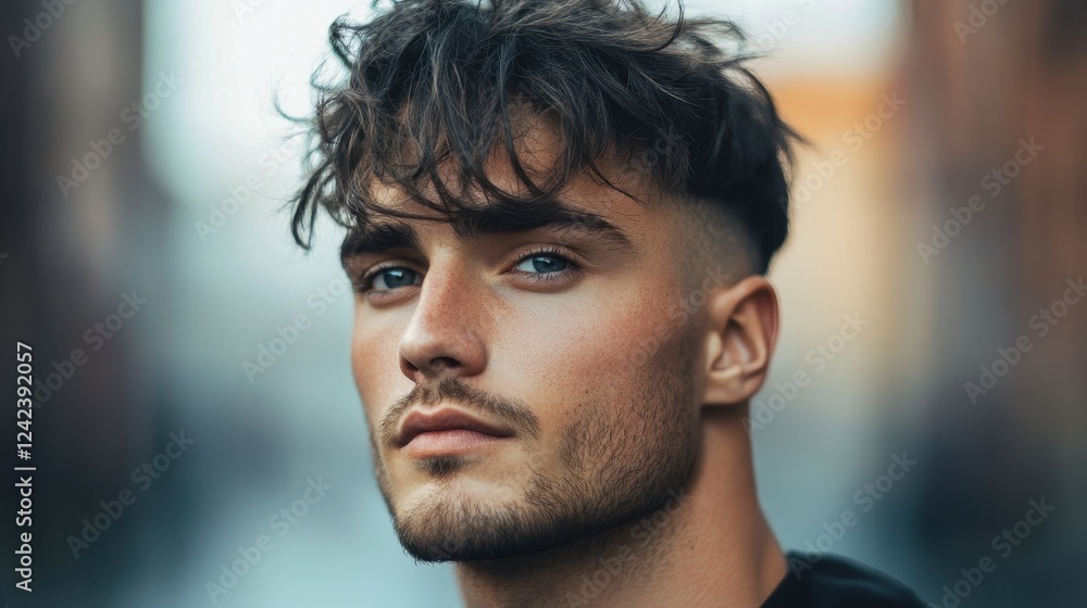 Fototapeta premium Close-up portrait of a young man with styled hair and stubble. Perfect for fashion, beauty, or men's grooming websites.