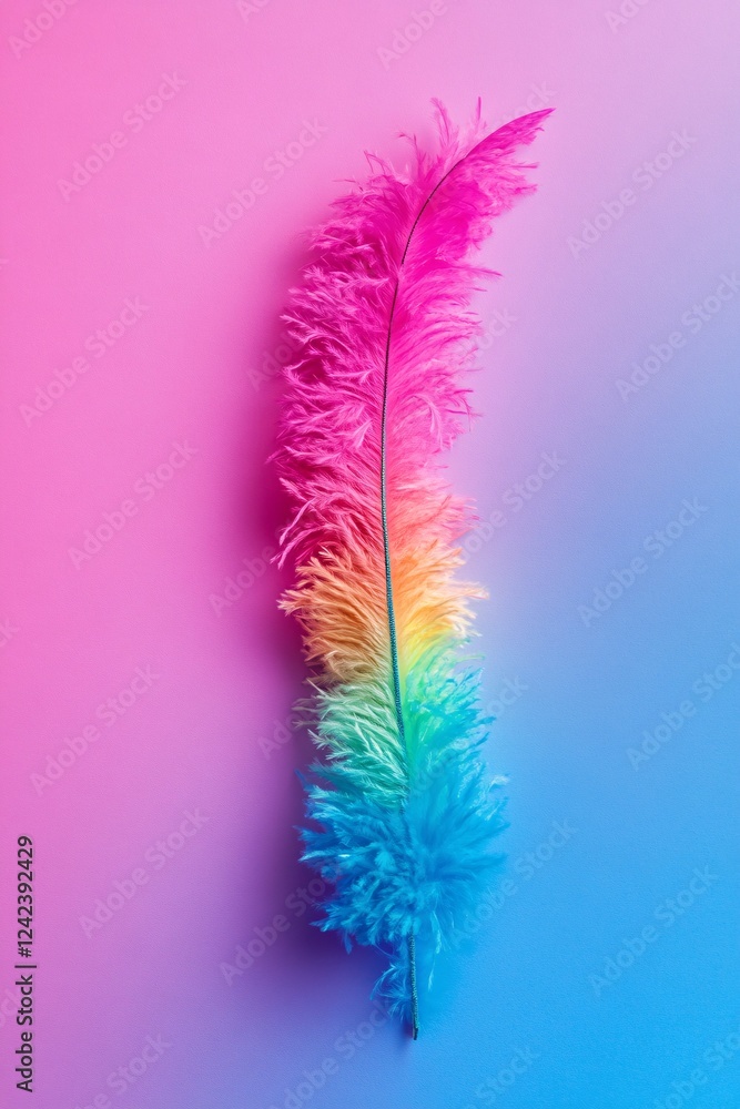 Obraz premium Eye-catching rainbow feather rests on a gradient backdrop